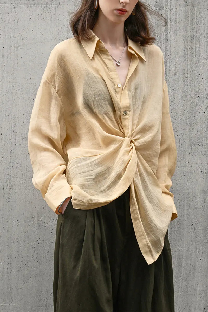 100 Ramie Asymmetrical Twist-Front Beach Shirt
