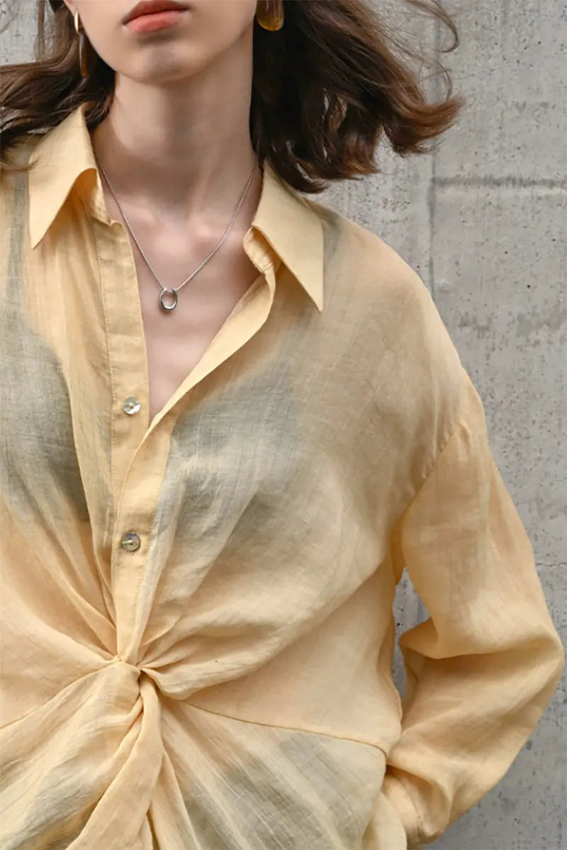 100 Ramie Asymmetrical Twist-Front Beach Shirt