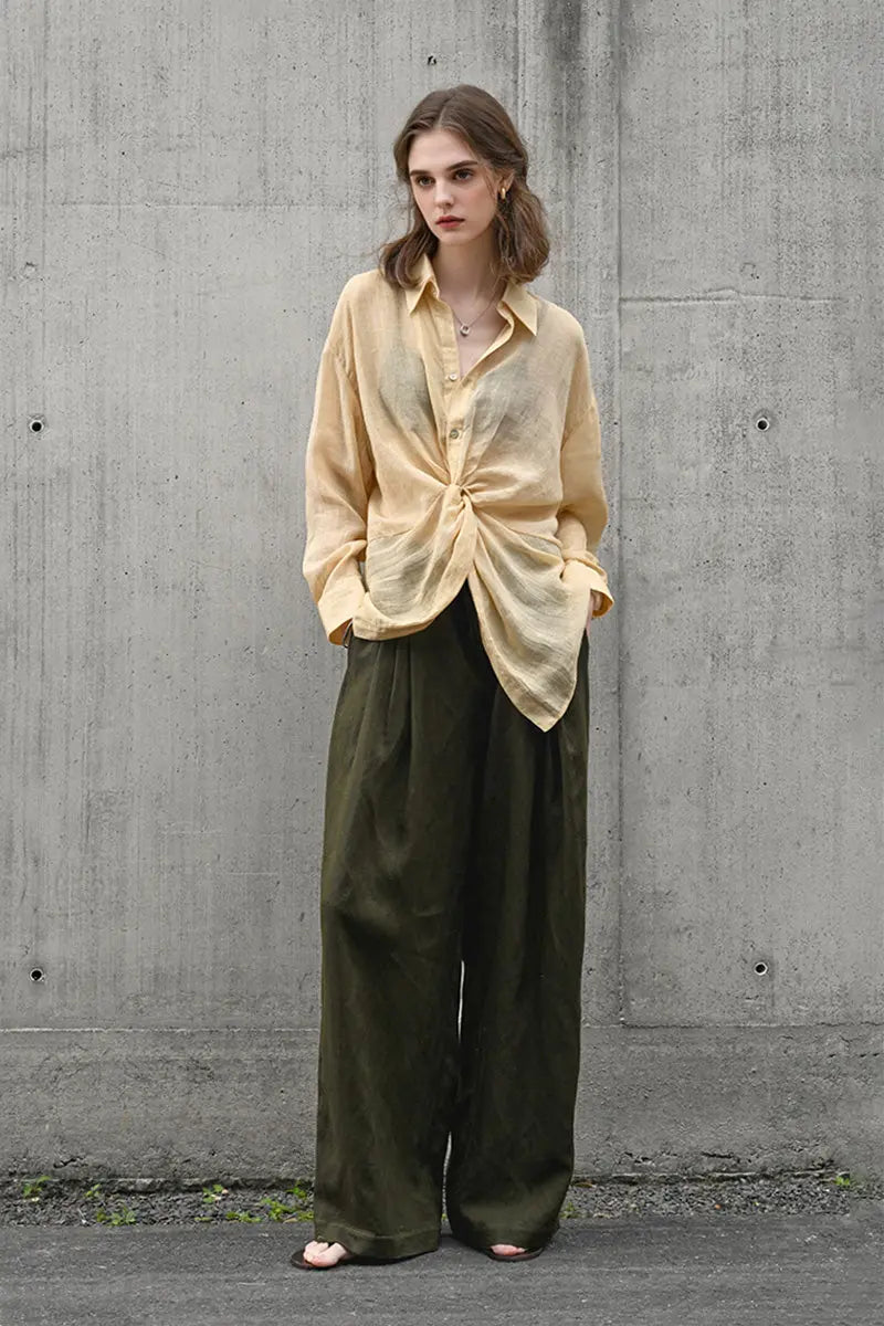 100 Ramie Asymmetrical Twist-Front Beach Shirt