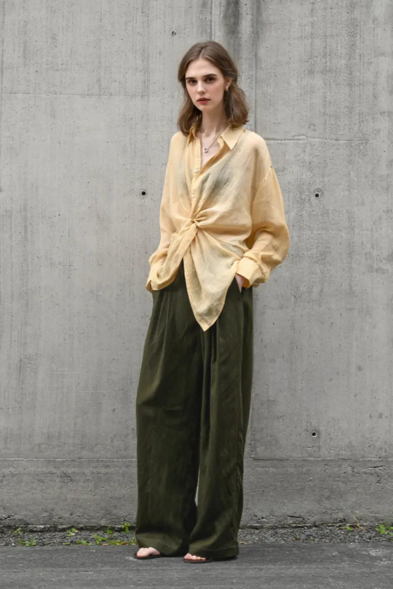 100 Ramie Asymmetrical Twist-Front Beach Shirt
