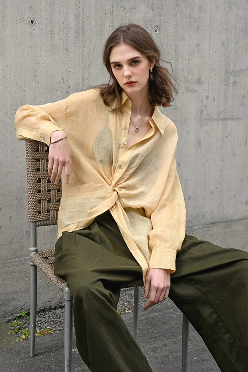 100 Ramie Asymmetrical Twist-Front Beach Shirt
