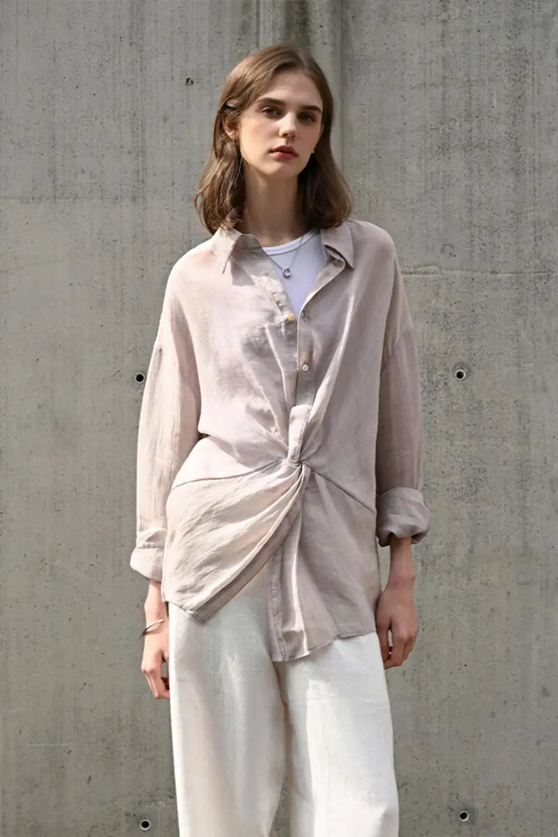 100 Ramie Asymmetrical Twist-Front Beach Shirt