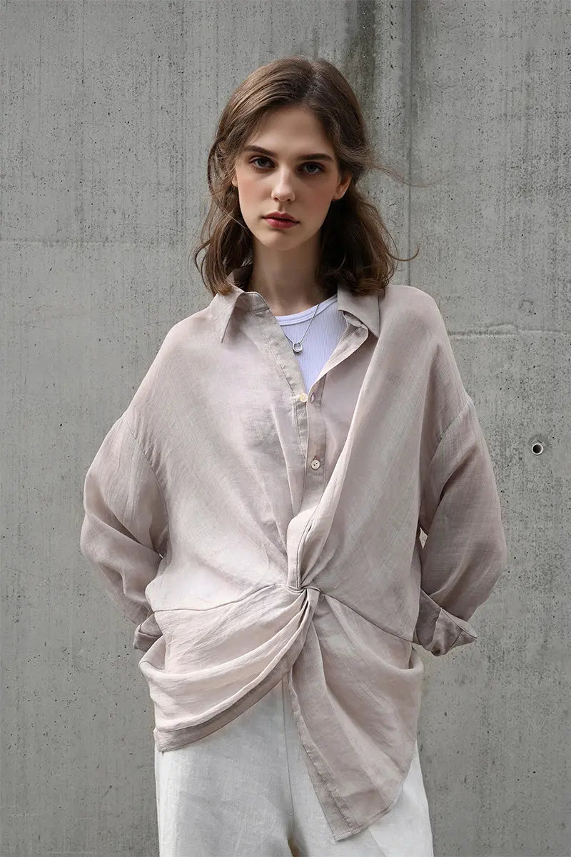 100 Ramie Asymmetrical Twist-Front Beach Shirt