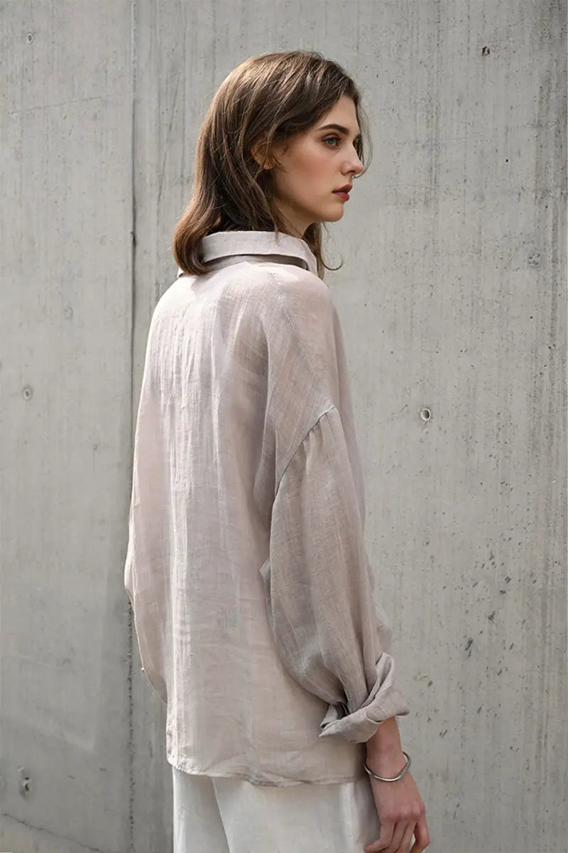 100 Ramie Asymmetrical Twist-Front Beach Shirt