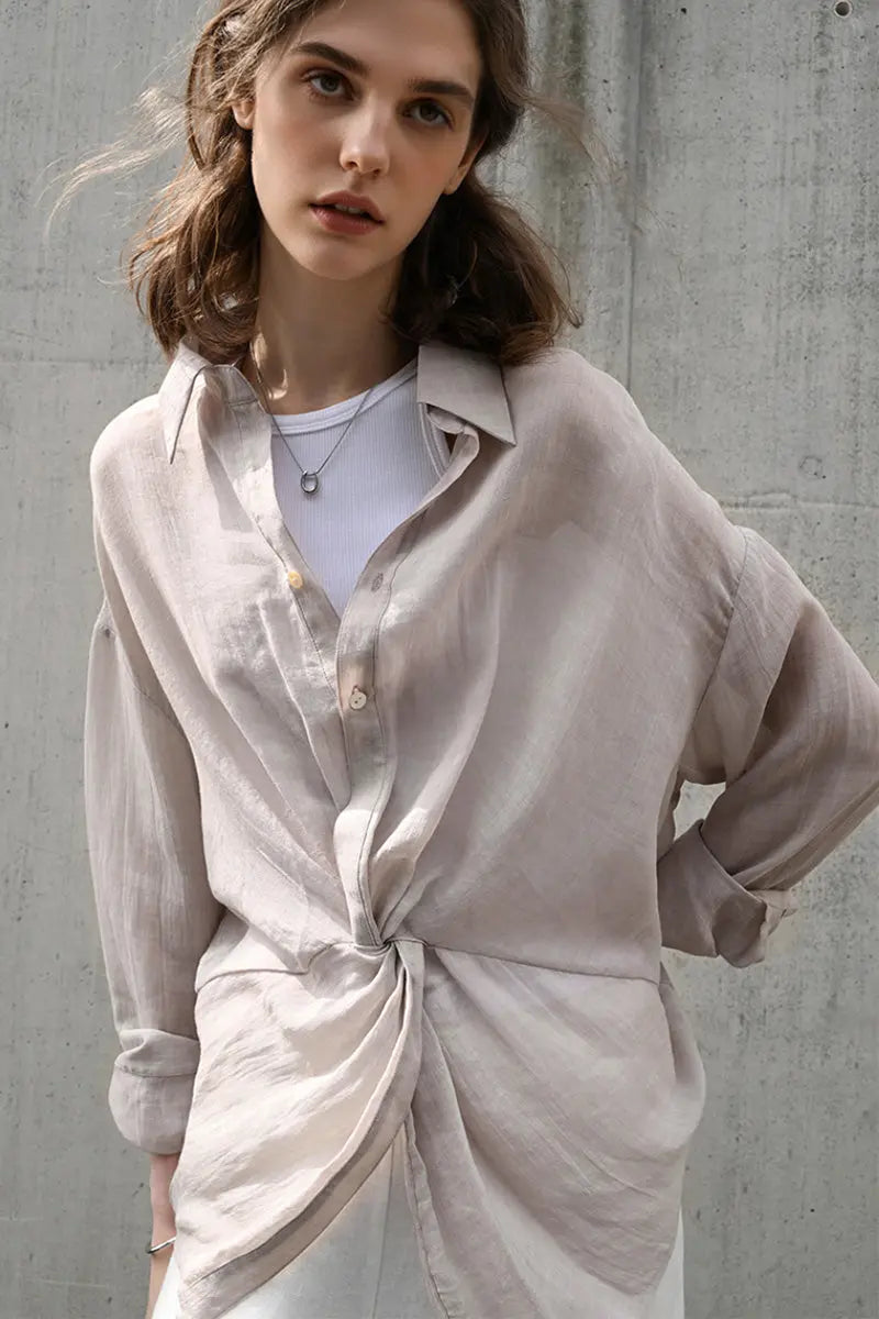 100 Ramie Asymmetrical Twist-Front Beach Shirt