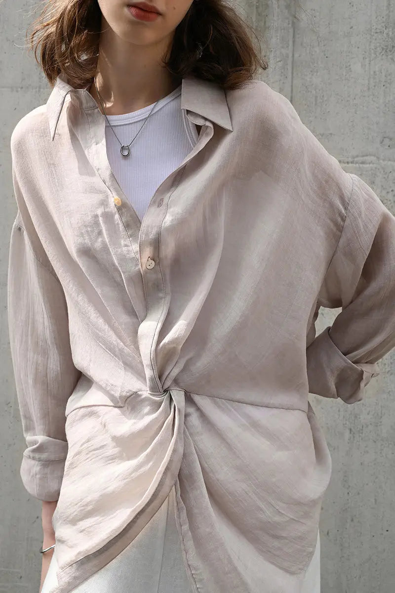 100 Ramie Asymmetrical Twist-Front Beach Shirt