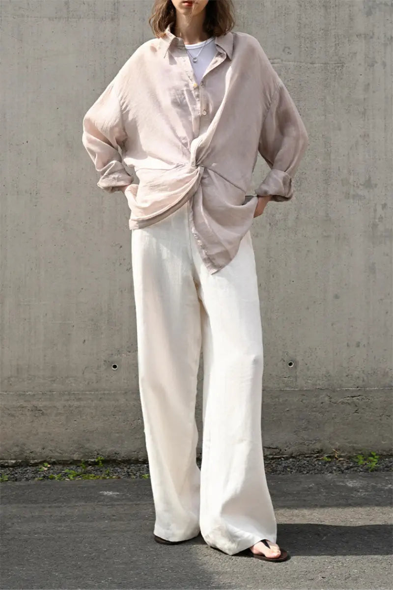 100 Ramie Asymmetrical Twist-Front Beach Shirt
