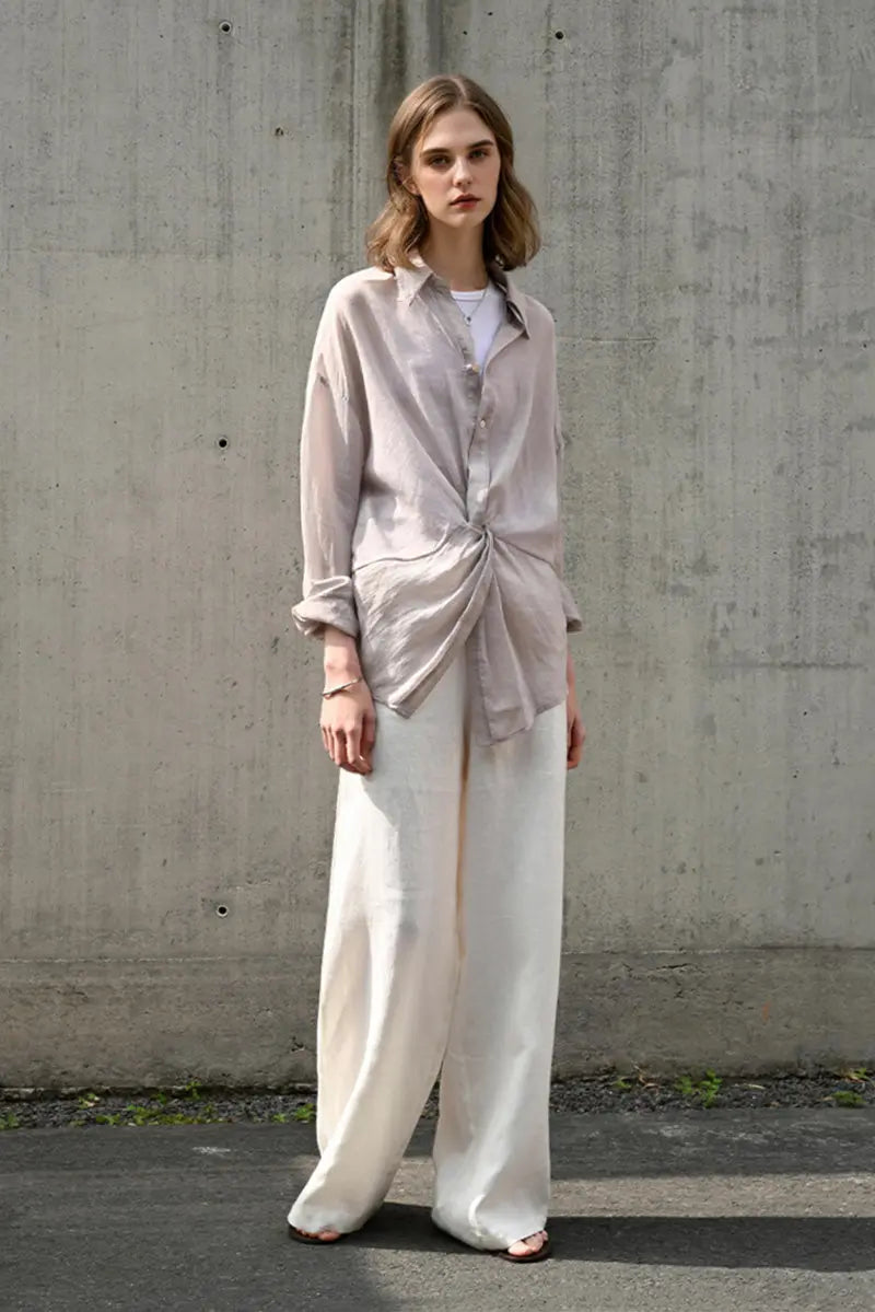 100 Ramie Asymmetrical Twist-Front Beach Shirt