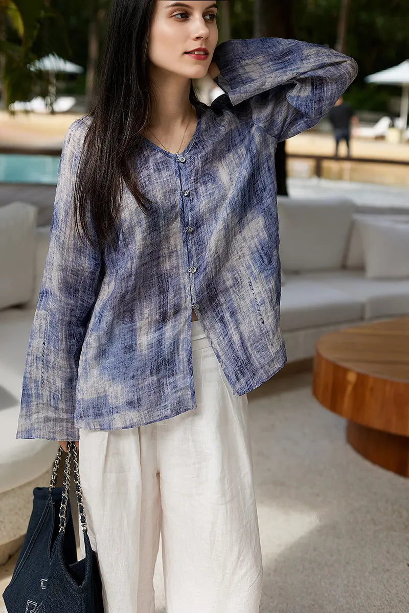 100 Ramie Blue Tie Dye V-Neck Sheer Shirt