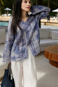 100 Ramie Blue Tie Dye V-Neck Sheer Shirt