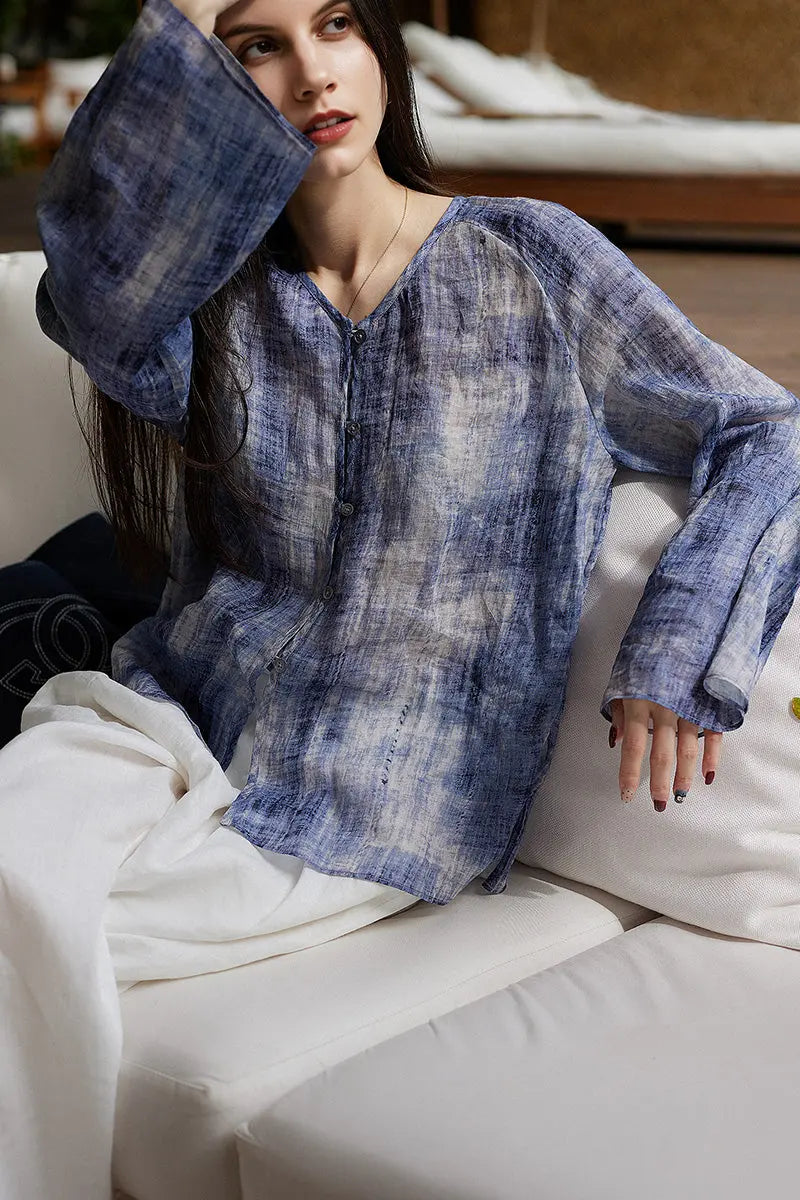 100 Ramie Blue Tie Dye V-Neck Sheer Shirt