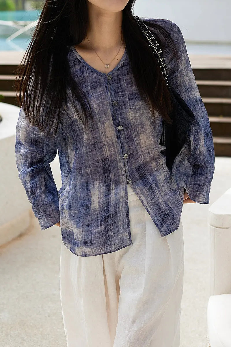 100 Ramie Blue Tie Dye V-Neck Sheer Shirt