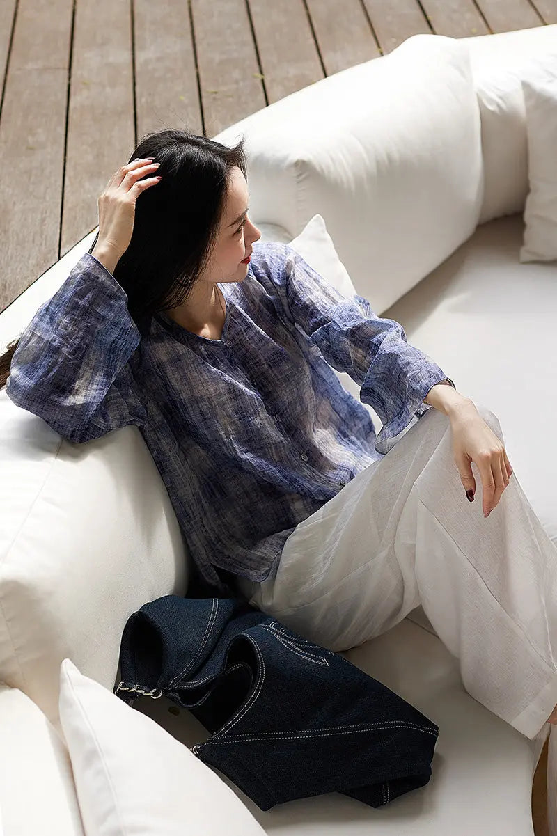 100 Ramie Blue Tie Dye V-Neck Sheer Shirt