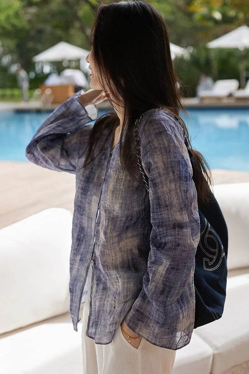 100 Ramie Blue Tie Dye V-Neck Sheer Shirt