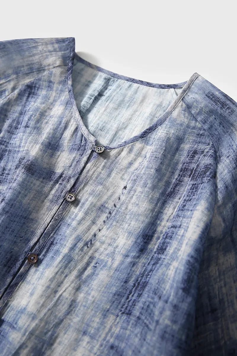 100 Ramie Blue Tie Dye V-Neck Sheer Shirt