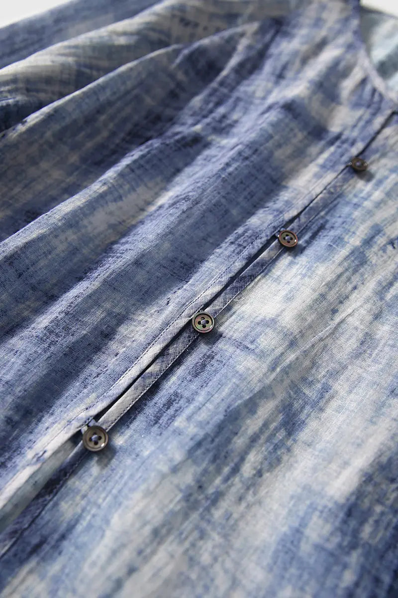 100 Ramie Blue Tie Dye V-Neck Sheer Shirt