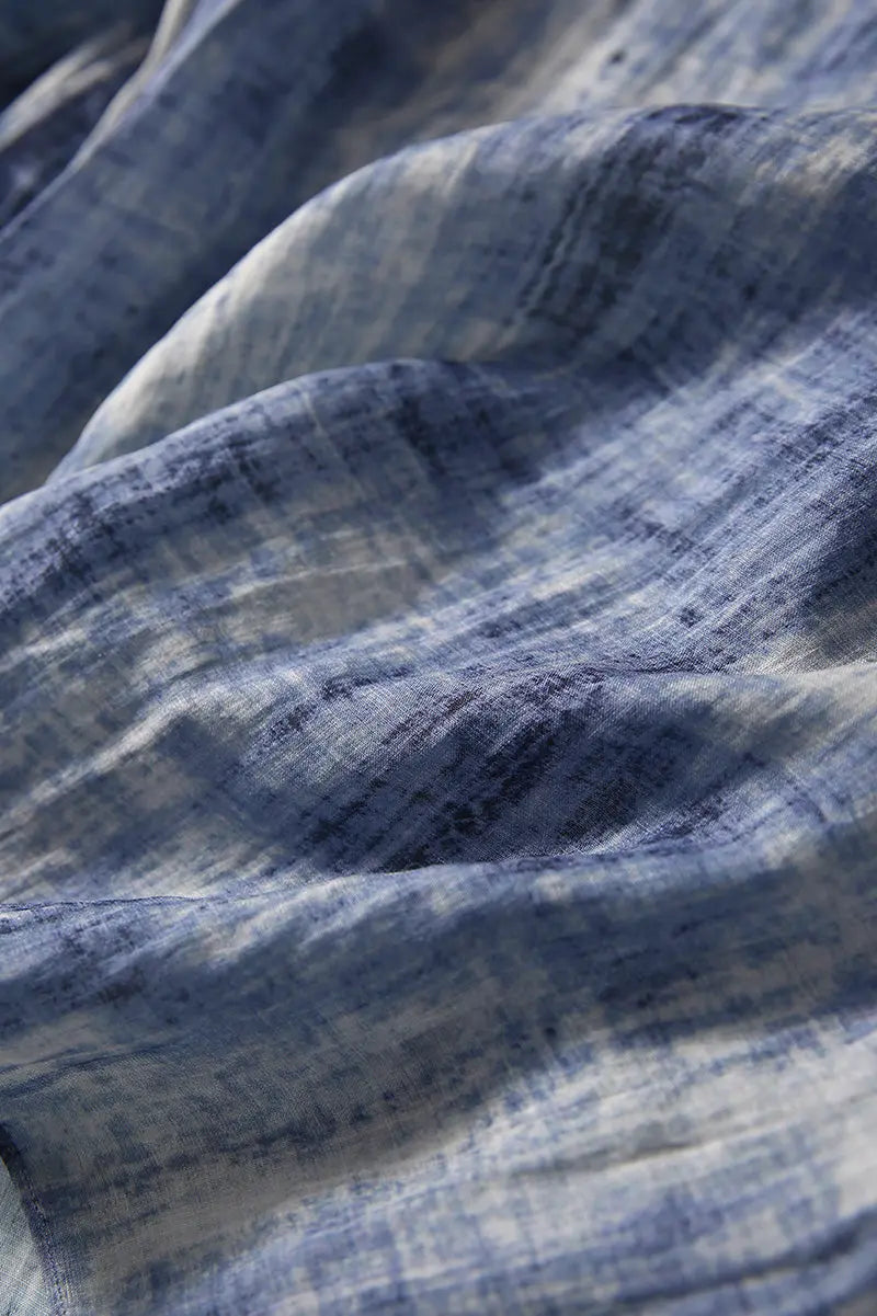 100 Ramie Blue Tie Dye V-Neck Sheer Shirt