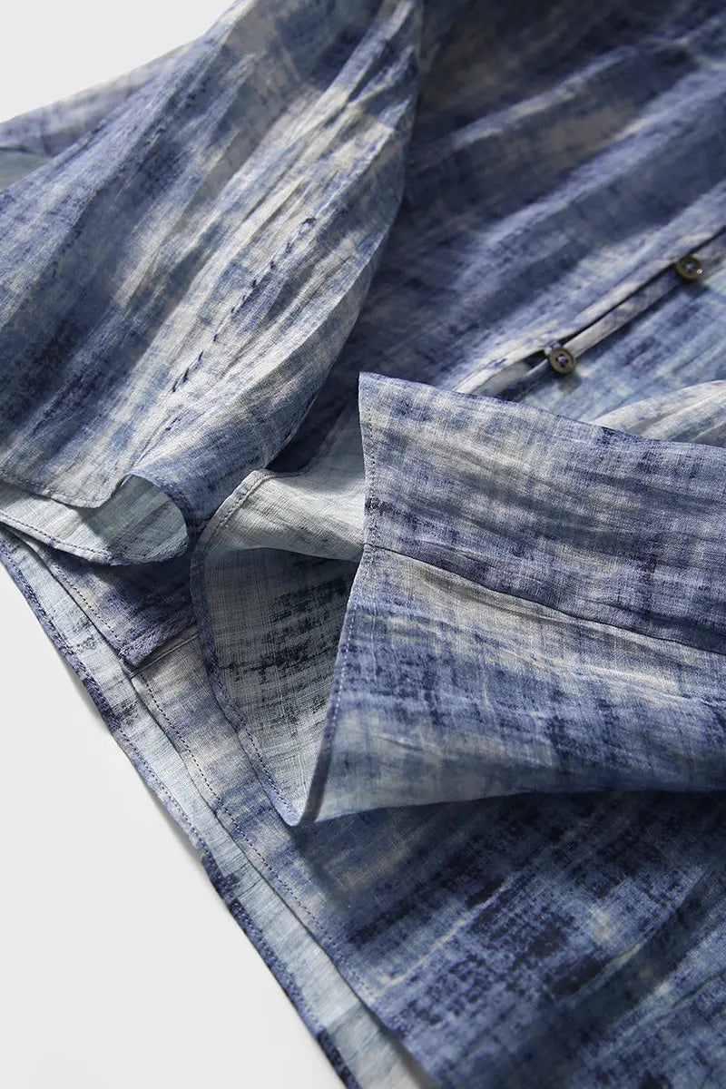 100 Ramie Blue Tie Dye V-Neck Sheer Shirt