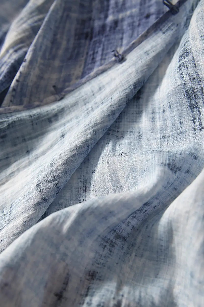 100 Ramie Blue Tie Dye V-Neck Sheer Shirt