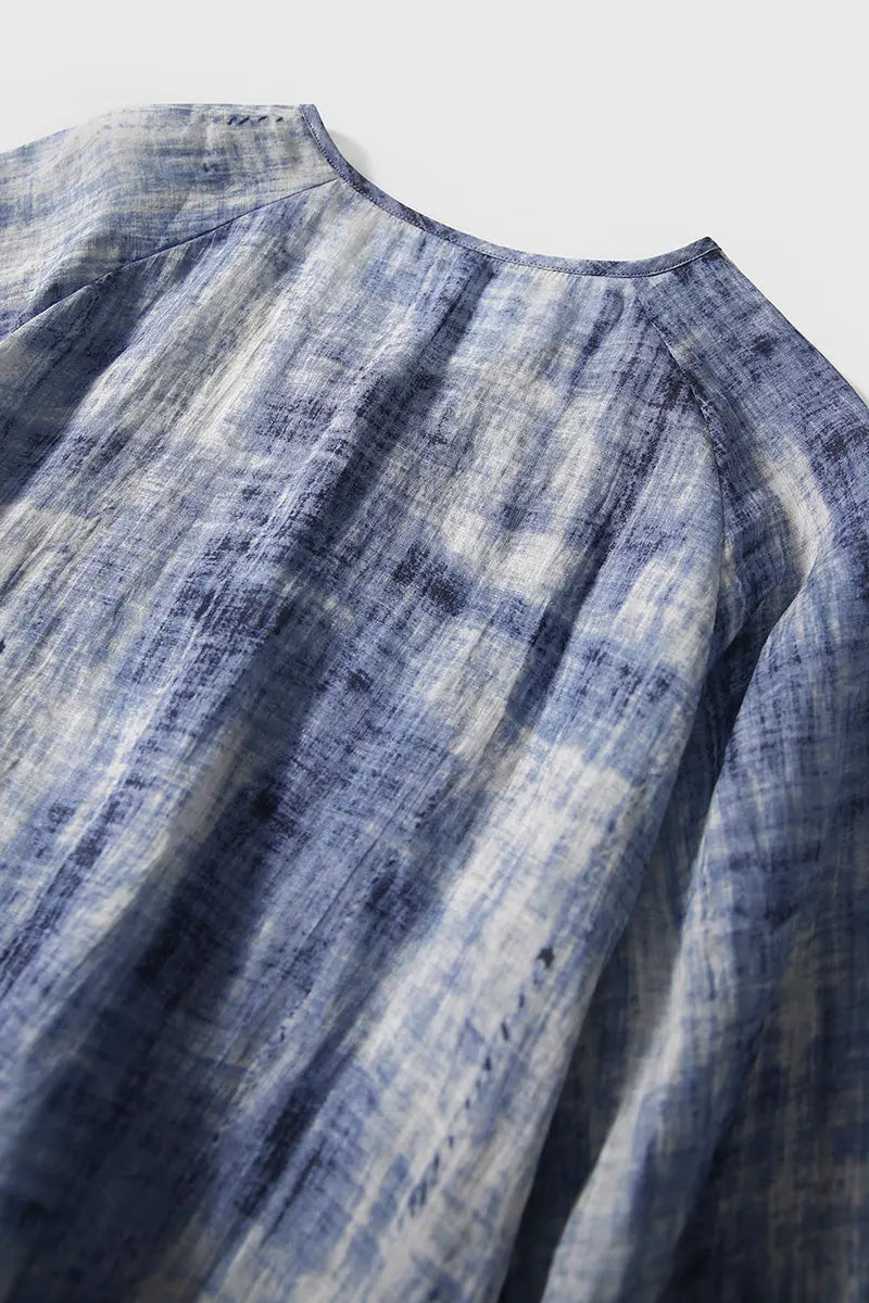 100 Ramie Blue Tie Dye V-Neck Sheer Shirt