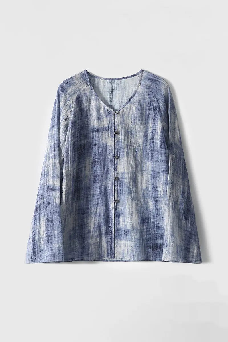 100 Ramie Blue Tie Dye V-Neck Sheer Shirt