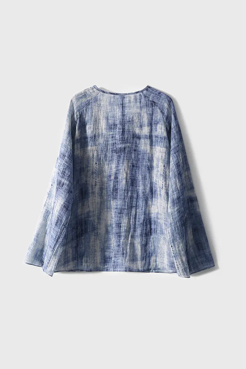 100 Ramie Blue Tie Dye V-Neck Sheer Shirt