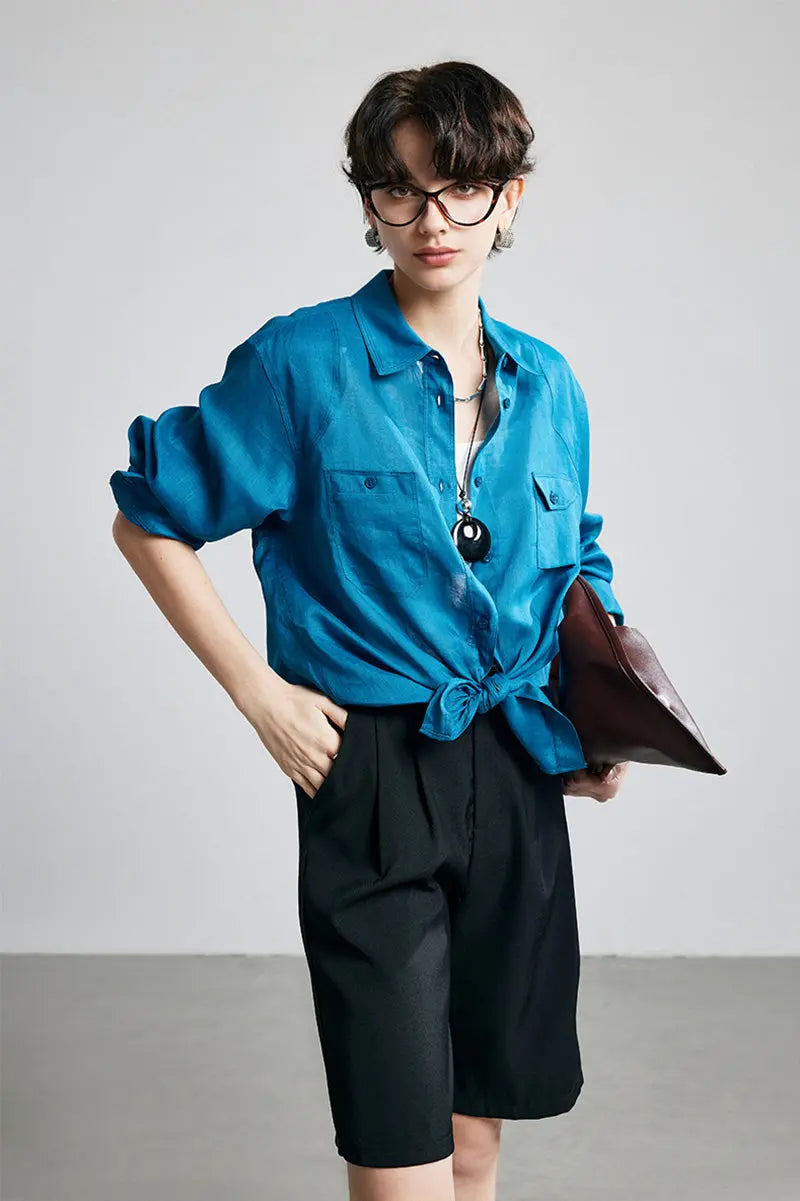 100 Ramie Oversized Sheer Beach Shirt with Asymmetrical Pockets