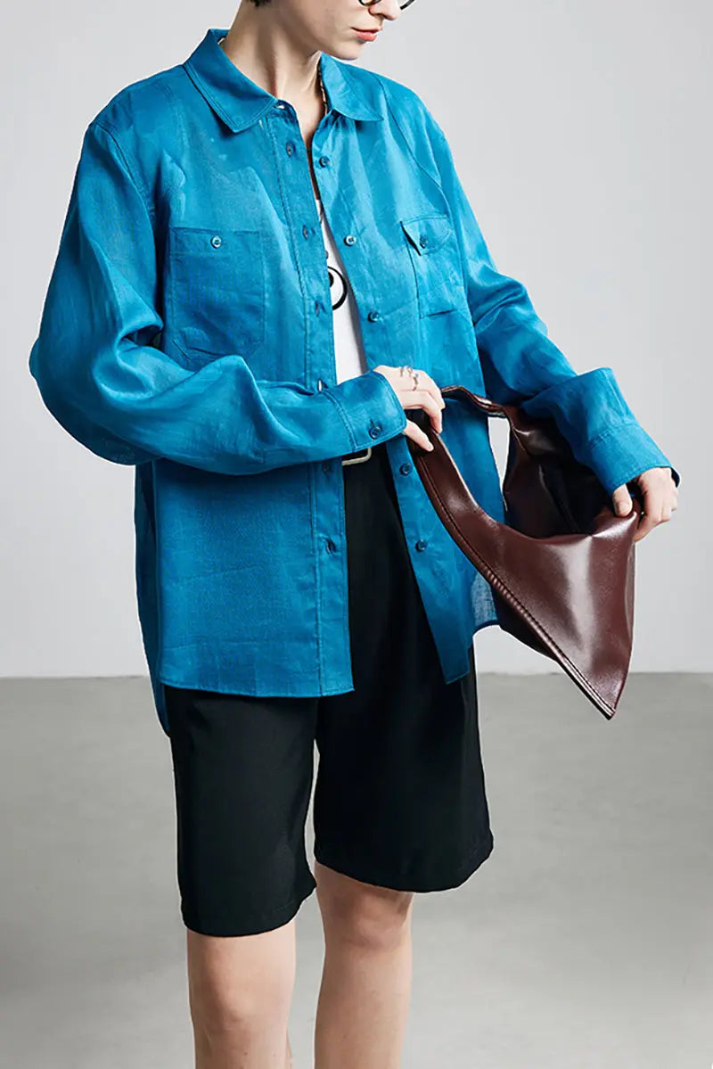 100 Ramie Oversized Sheer Beach Shirt with Asymmetrical Pockets