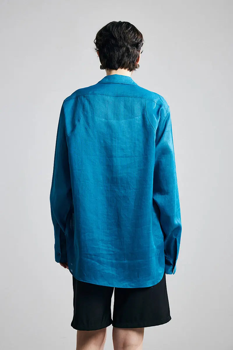 100 Ramie Oversized Sheer Beach Shirt with Asymmetrical Pockets