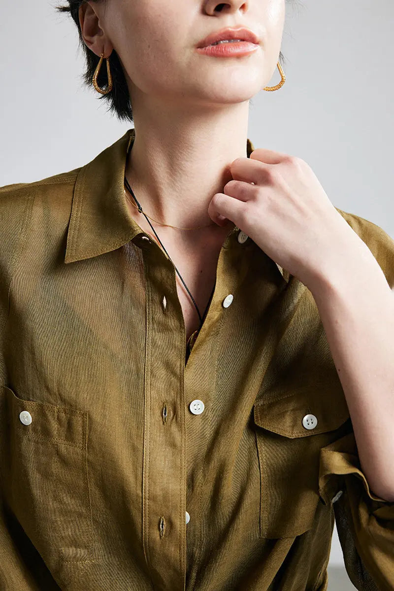 100 Ramie Oversized Sheer Beach Shirt with Asymmetrical Pockets