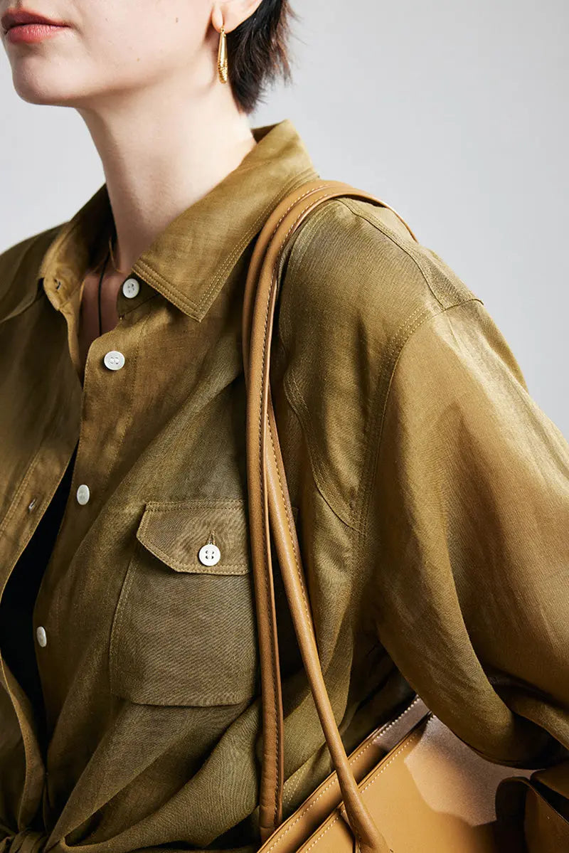 100 Ramie Oversized Sheer Beach Shirt with Asymmetrical Pockets