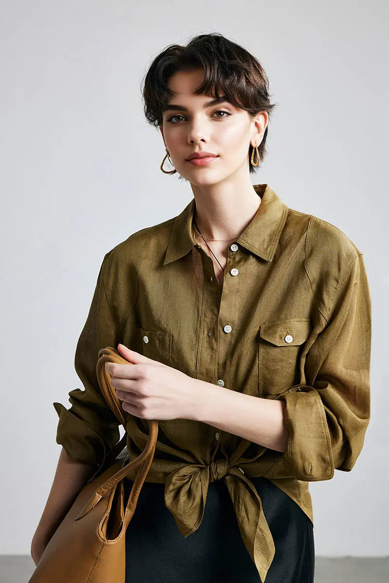 100 Ramie Oversized Sheer Beach Shirt with Asymmetrical Pockets