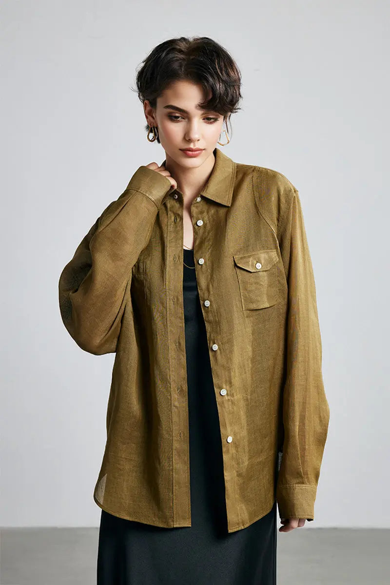 100 Ramie Oversized Sheer Beach Shirt with Asymmetrical Pockets