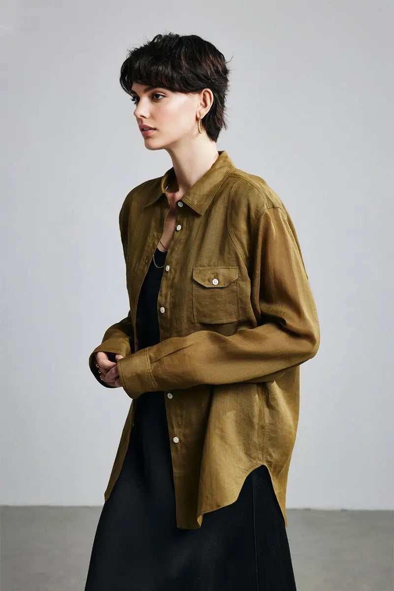 100 Ramie Oversized Sheer Beach Shirt with Asymmetrical Pockets