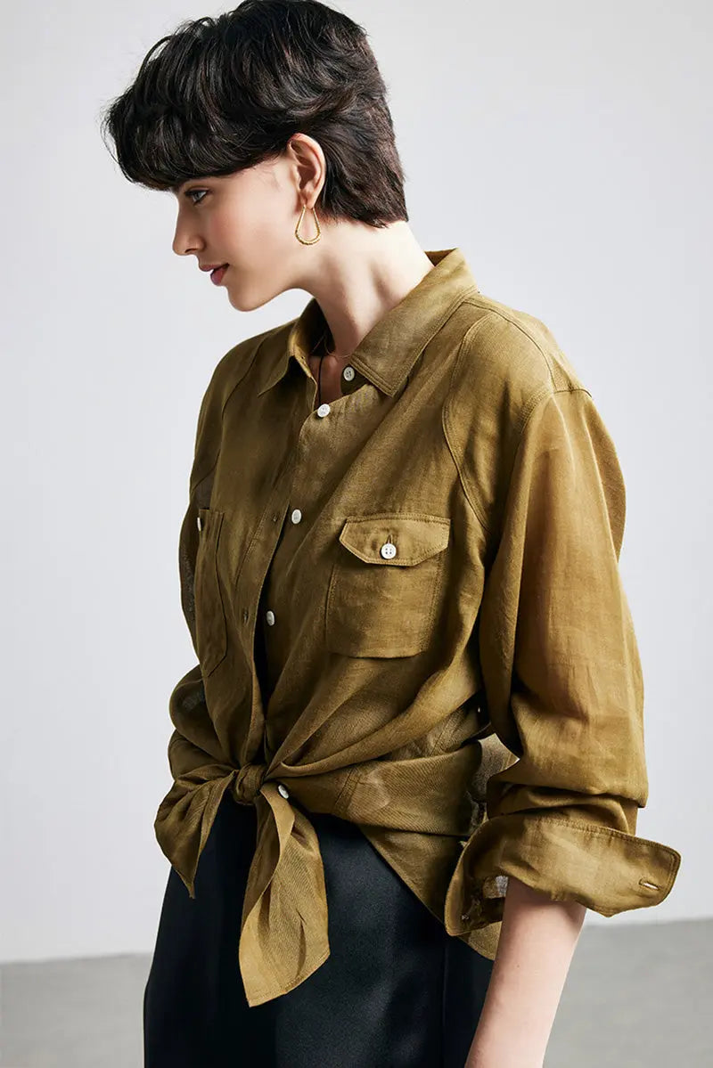 100 Ramie Oversized Sheer Beach Shirt with Asymmetrical Pockets