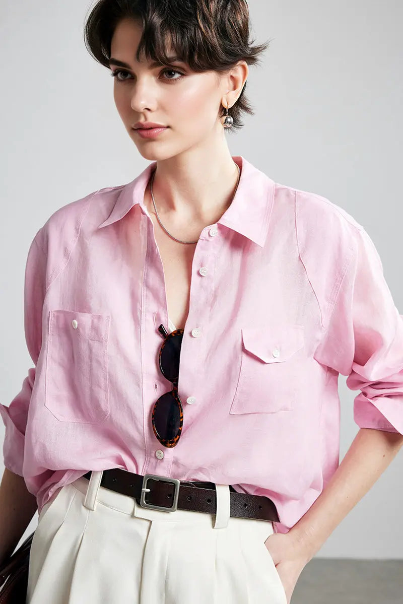 100 Ramie Oversized Sheer Beach Shirt with Asymmetrical Pockets