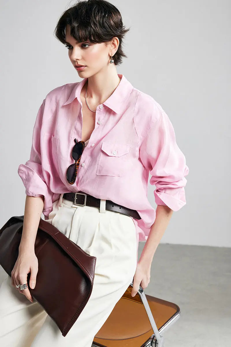 100 Ramie Oversized Sheer Beach Shirt with Asymmetrical Pockets
