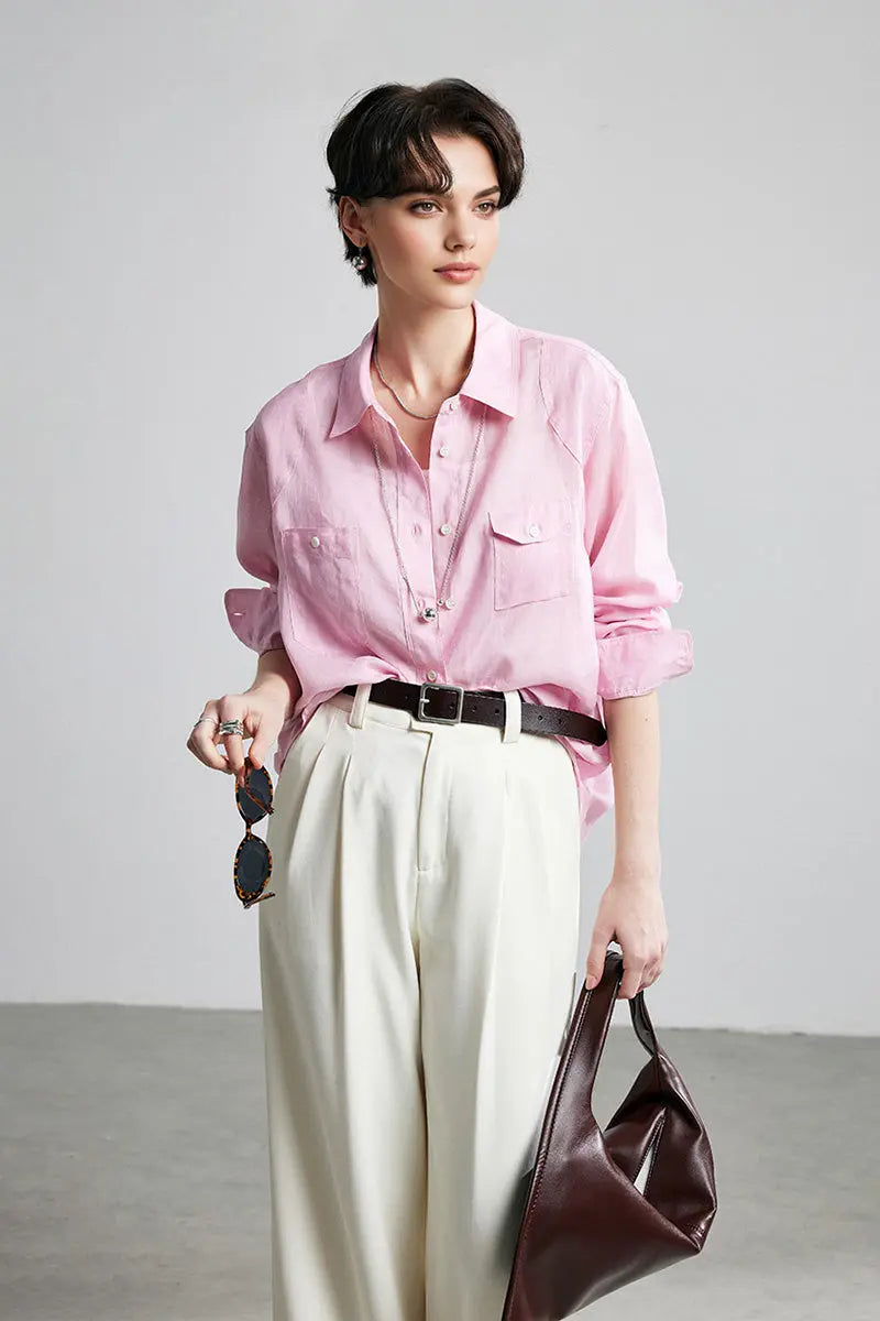 100 Ramie Oversized Sheer Beach Shirt with Asymmetrical Pockets