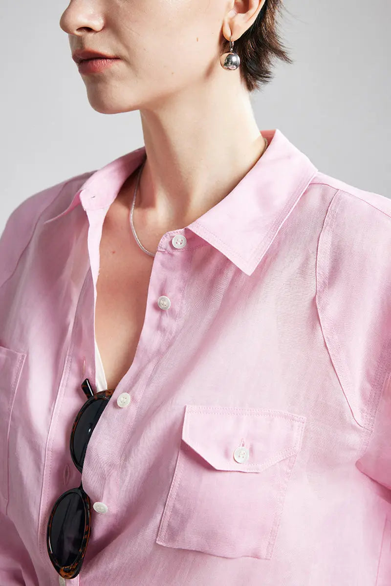 100 Ramie Oversized Sheer Beach Shirt with Asymmetrical Pockets