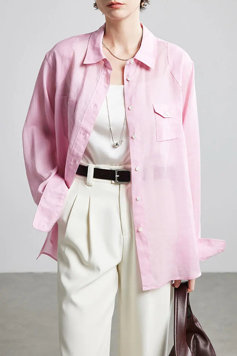 100 Ramie Oversized Sheer Beach Shirt with Asymmetrical Pockets