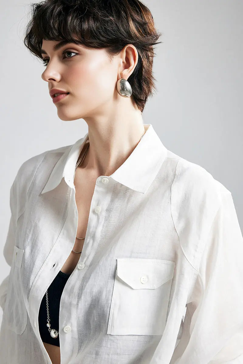 100 Ramie Oversized Sheer Beach Shirt with Asymmetrical Pockets