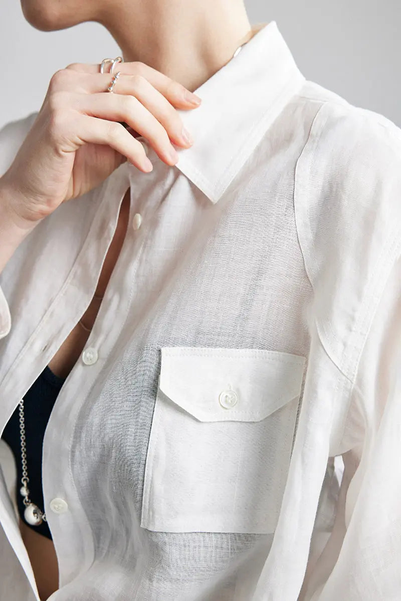 100 Ramie Oversized Sheer Beach Shirt with Asymmetrical Pockets