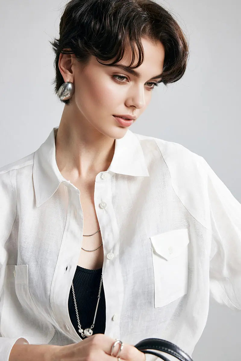 100 Ramie Oversized Sheer Beach Shirt with Asymmetrical Pockets