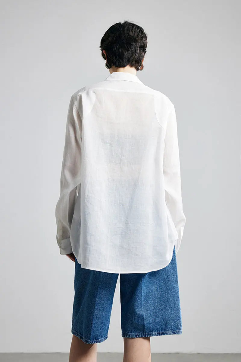 100 Ramie Oversized Sheer Beach Shirt with Asymmetrical Pockets