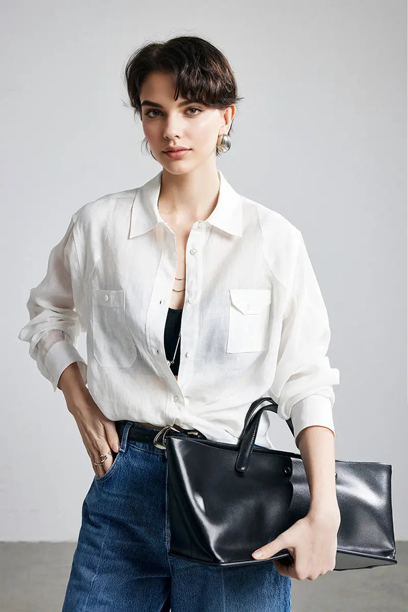 100 Ramie Oversized Sheer Beach Shirt with Asymmetrical Pockets