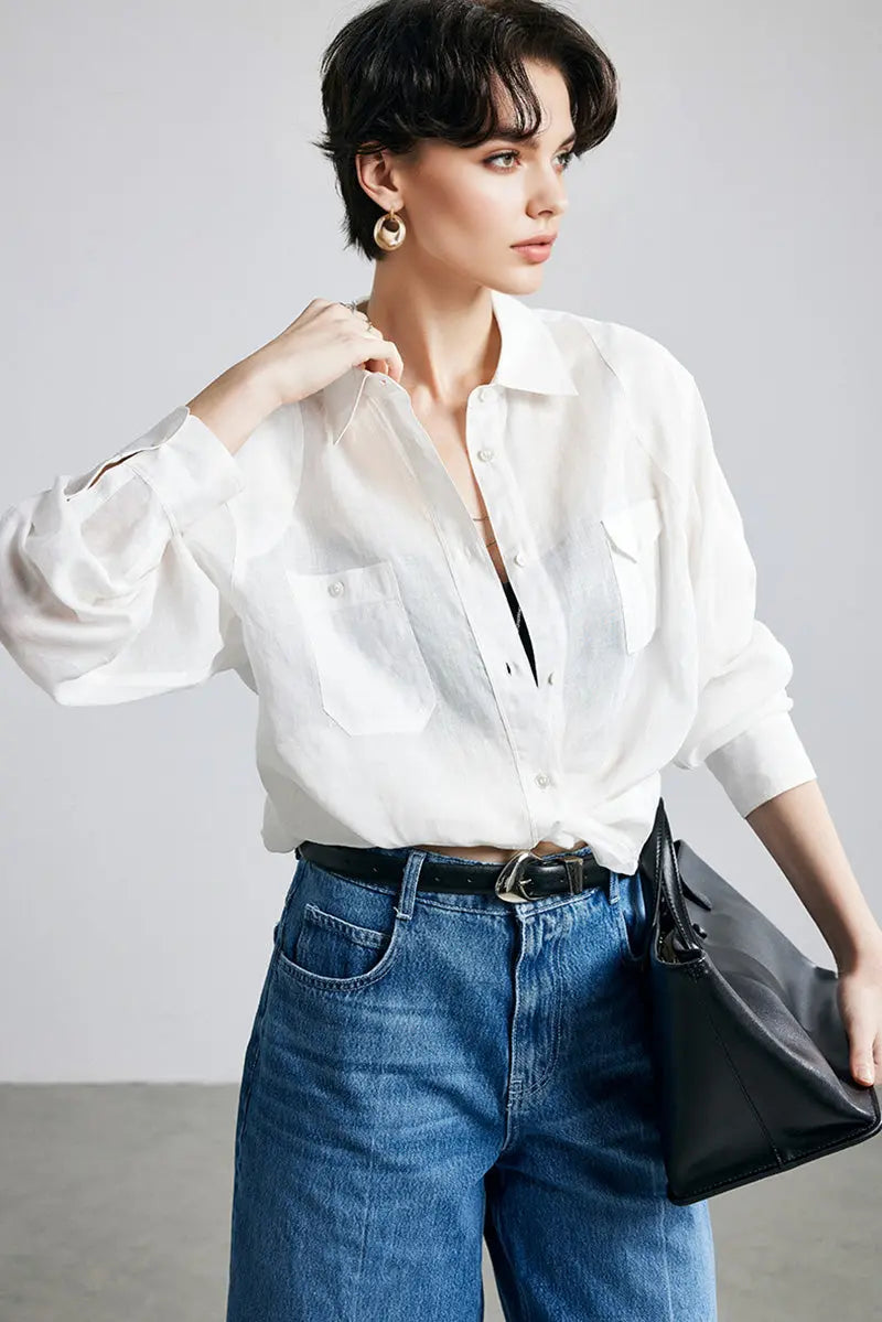 100 Ramie Oversized Sheer Beach Shirt with Asymmetrical Pockets