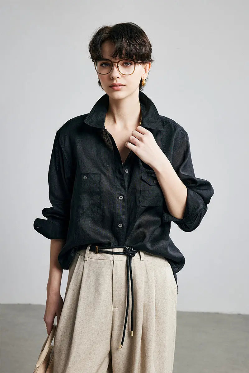 100 Ramie Oversized Sheer Beach Shirt with Asymmetrical Pockets