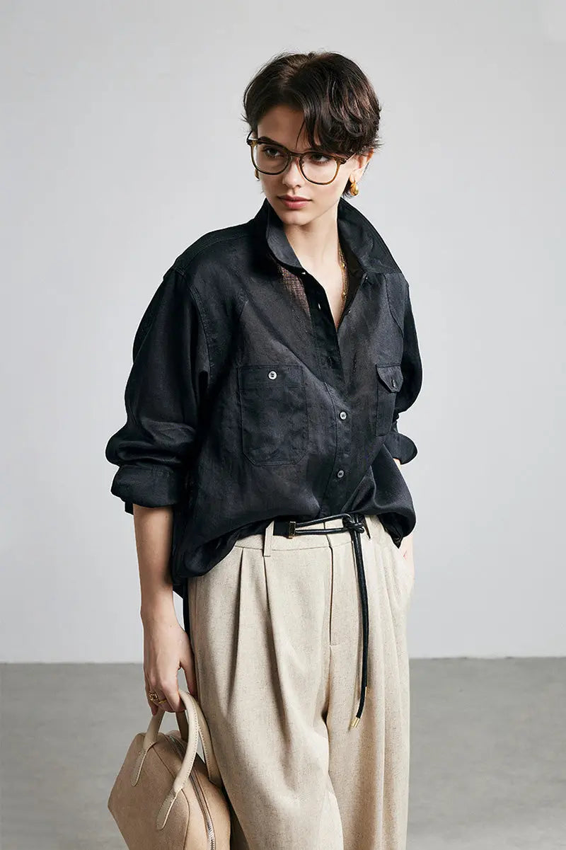 100 Ramie Oversized Sheer Beach Shirt with Asymmetrical Pockets