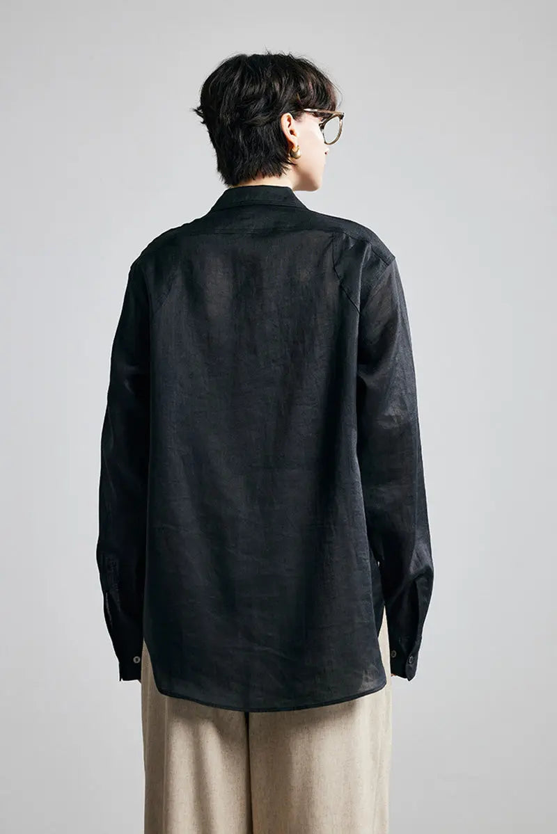 100 Ramie Oversized Sheer Beach Shirt with Asymmetrical Pockets
