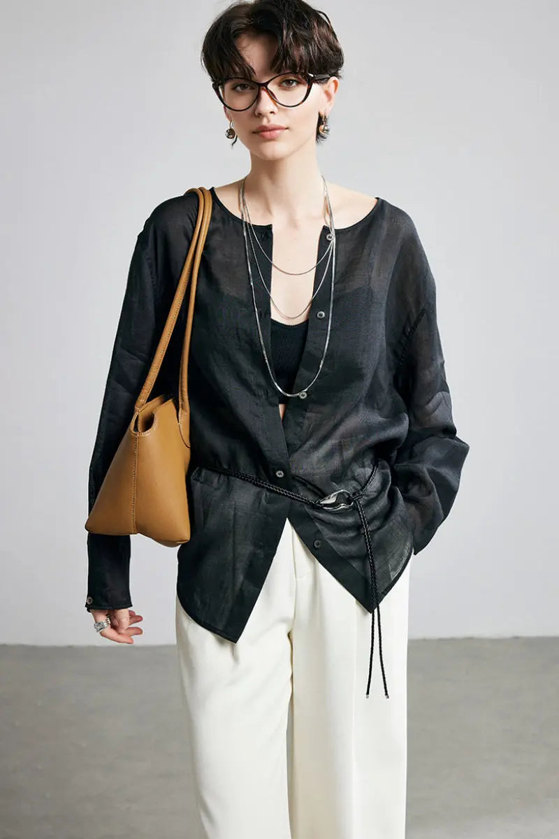 100 Ramie Oversized Sheer Collarless Beach Shirt